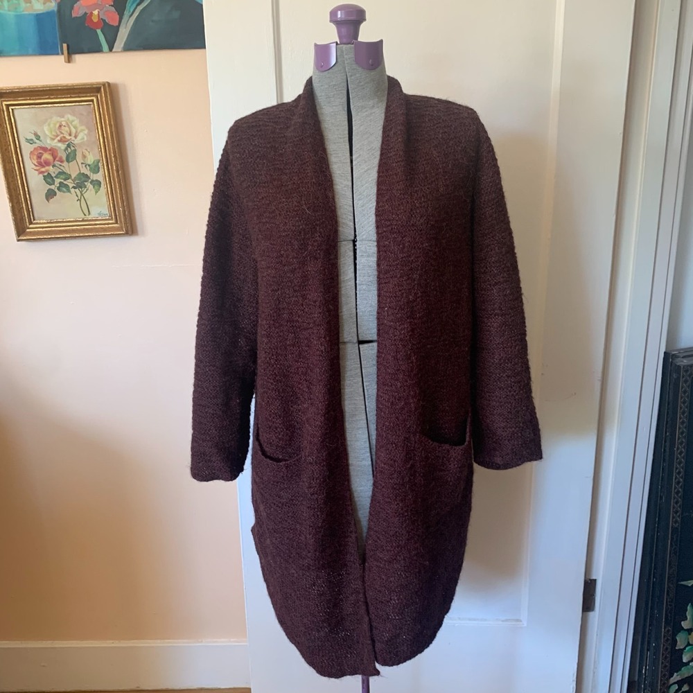 Eileen Fisher Baby Alpaca Long Cardigan Sweater Burgundy Wine Maroon Pockets M